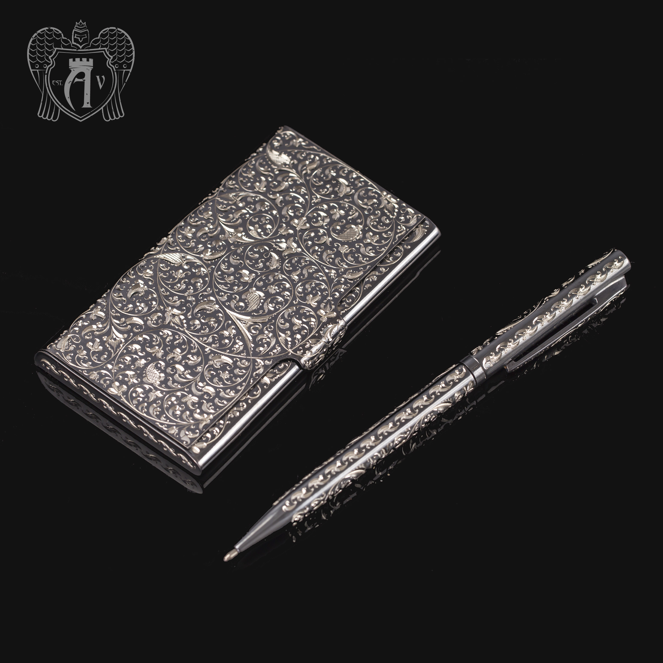 Визитница серебряная и ручка «Excelsior»