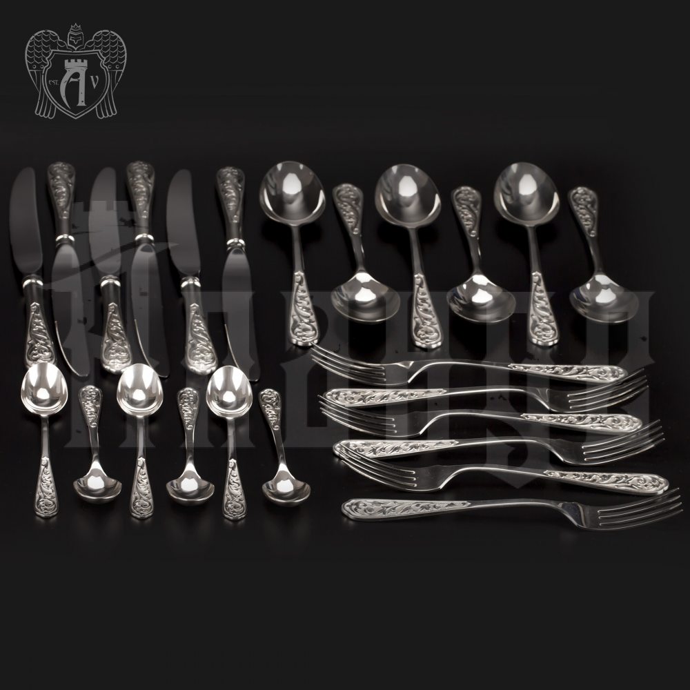 Столовый набор из серебра 925 «Виноградная лоза» 24 предмета без черни Апанде, 22000213-24