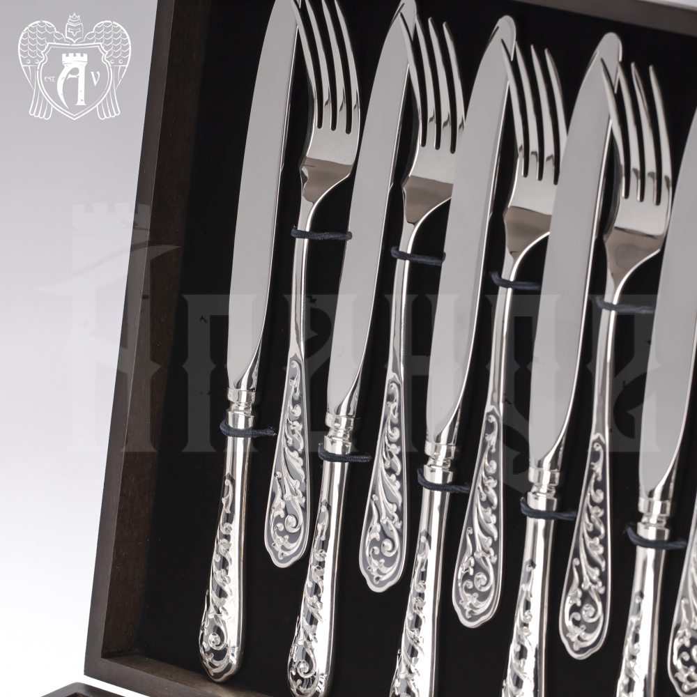 Серебряный набор из вилок и ножей на 12 персон «Виноградная лоза» 24 предмета Апанде, 22000612-24