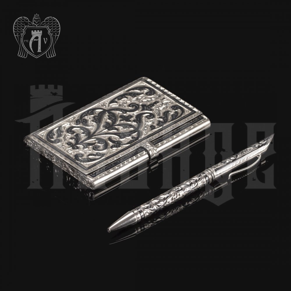 Визитница серебряная и ручка «Традиция» Апанде, 111003228