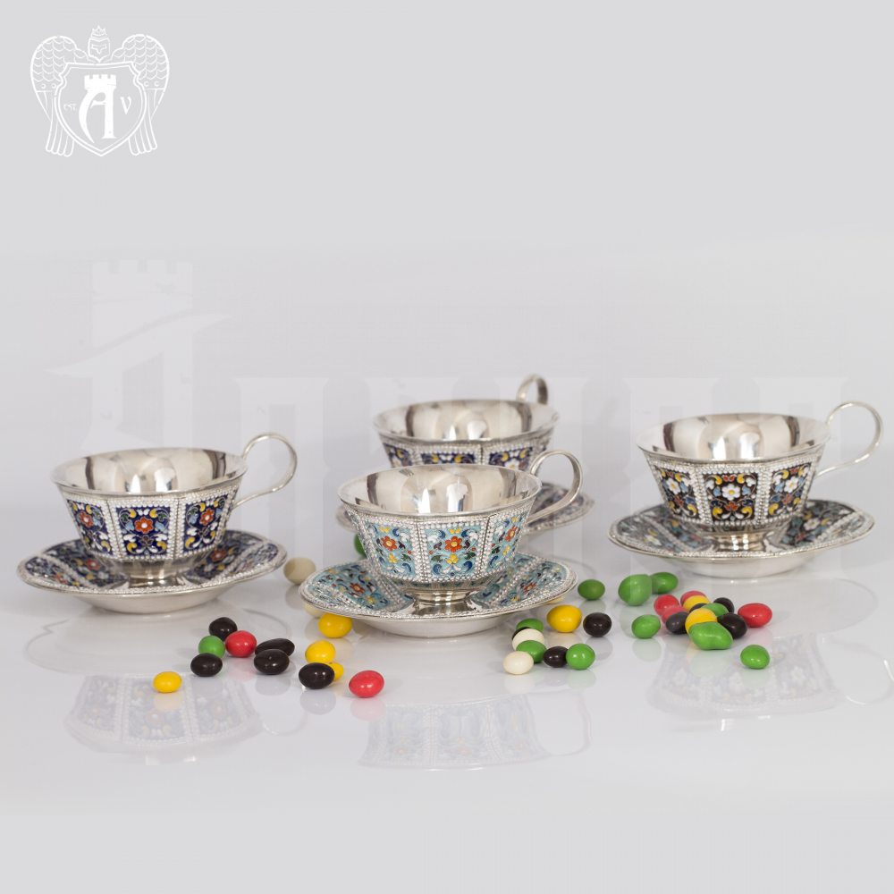 Серебряная чайная пара «Калейдоскоп» с эмалью Апанде, 32009127