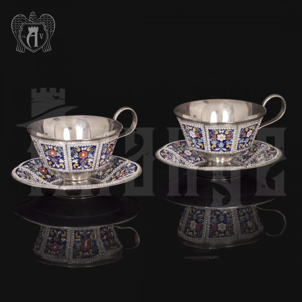 Серебряная чайная пара «Калейдоскоп-2» с эмалью Апанде, 32009128
