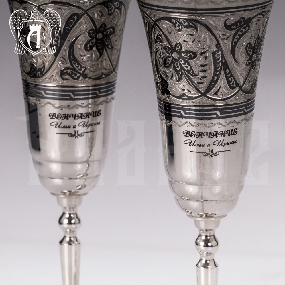Серебряные бокалы на венчание с гравировкой для жениха и невесты "Свадебные" 2 шт Апанде, 3800420