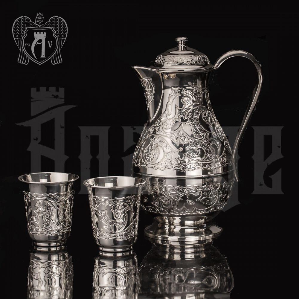 Кувшин и два стакана из серебра 925 пробы "Райский родник" без черни  Апанде, 11100090