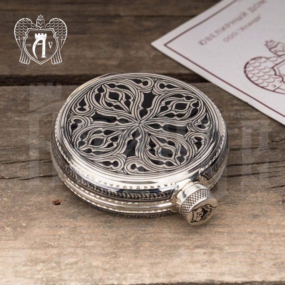 Серебряная фляжка круглая  «Велес» с холодной эмалью» Апанде, 72000169