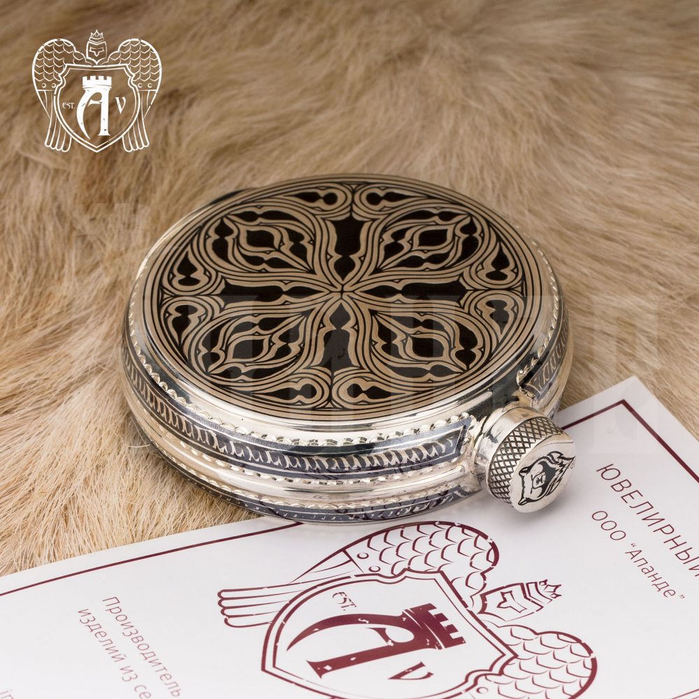 Серебряная фляжка круглая  «Велес» с холодной эмалью» Апанде, 72000169