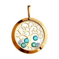 Подвеска из золота с минеральным стеклом и зелеными кристаллами горного хрусталя