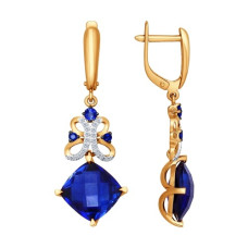 Серьги длинные из золота с бриллиантами и корундами сапфировыми (синт.)