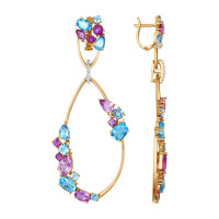 Серьги длинные из золота с миксом камней 