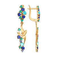 Серьги длинные из золота с зелеными и синими фианитами 5613