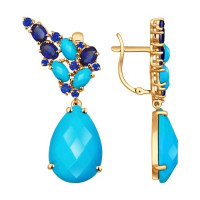 Серьги из золота с бирюзой и корундами сапфировыми (синт.)