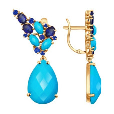 Серьги из золота с бирюзой и корундами сапфировыми (синт.)
