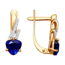 Серьги из золота с бриллиантами и корундами сапфировыми (синт.)