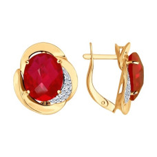 Серьги из золота с корундами рубиновыми (синт.) и фианитами