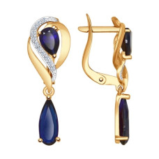 Серьги из золота с корундами сапфировыми (синт.) и фианитами