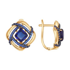 Серьги из золота с корундами сапфировыми (синт.) и фианитами