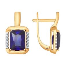 Серьги из золота с корундами сапфировыми (синт.) и фианитами