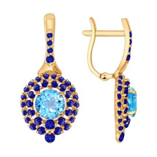 Серьги из золота с корундами сапфировыми (синт.) и топазами