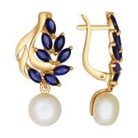 Серьги из золота с корундами сапфировыми (синт.) и жемчугом 5656