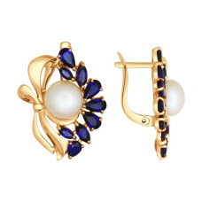 Серьги из золота с корундами сапфировыми (синт.) и жемчугом