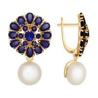 Серьги из золота с корундами сапфировыми (синт.) и жемчугом 