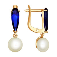 Серьги из золота с корундами сапфировыми (синт.) и жемчугом 4871