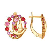 Серьги из золота с розовыми, сиреневыми и красными фианитами