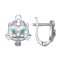 Серьги «Кошечка» для детей с зелёными фианитами