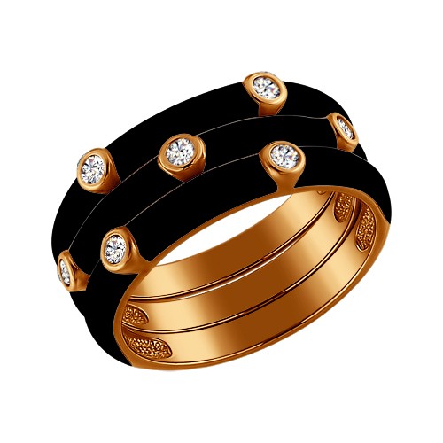 Трехрядное чёрное кольцо из золочёного серебра с эмалью